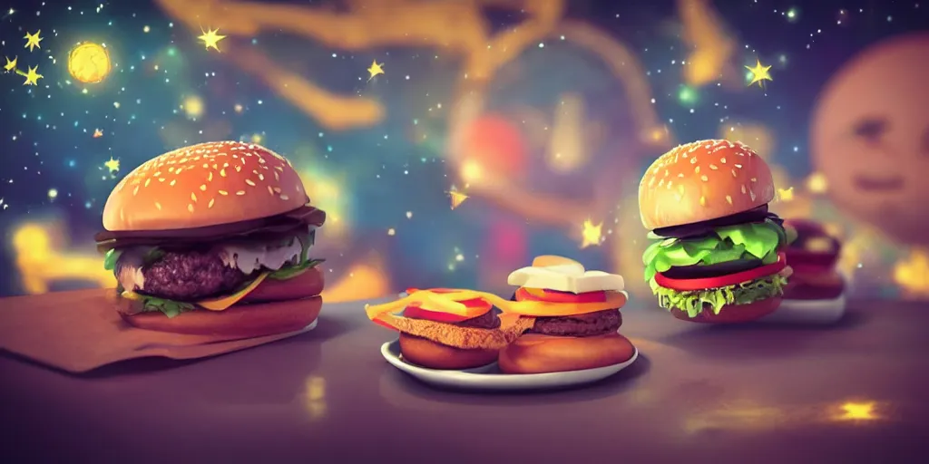 Prompt: a dream of time gone by, where I was eating burgers and not so hungry, realistic, out of this world, alien, sleepy, on a mini world, the little prince from outer space, colorful, gangly, dream, vial of stars, metallic, satisfying render, tiny people devouring food