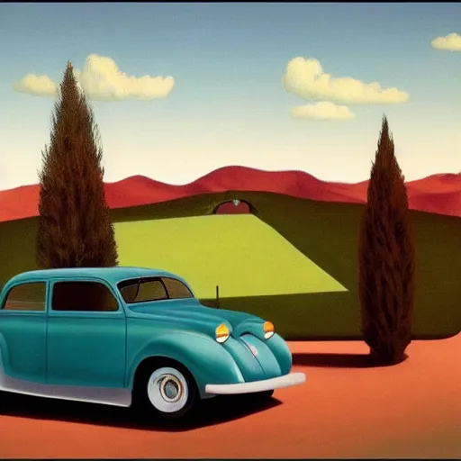 Prompt: an amazing car adventure across the country-side by Raphael, Hopper, and Rene Magritte. detailed, romantic, enchanting, trending on artstation.