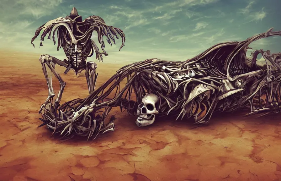 Prompt: a scary flowery skeleton car in a desert, artstation, digital art,