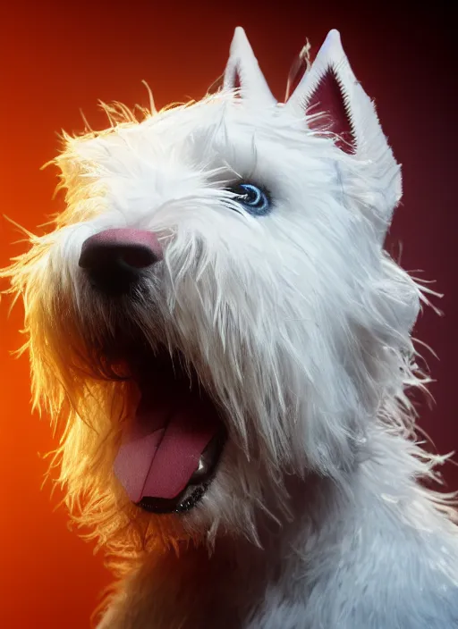 Prompt: a high detail shot of an Anthropomorphic west highland white terrier as a heavy metal guitarist, photorealism, volumetric lighting, epic lighting, artstation, hd