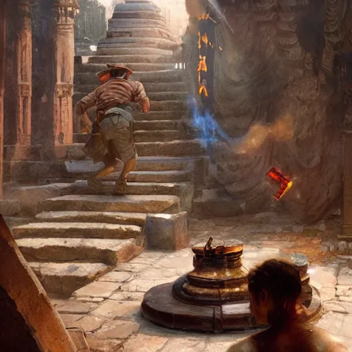 Image similar to indiana jones stealing a catalytic convertor, that is on a trapped pedastal, from inside a temple, painted by greg rutkowski