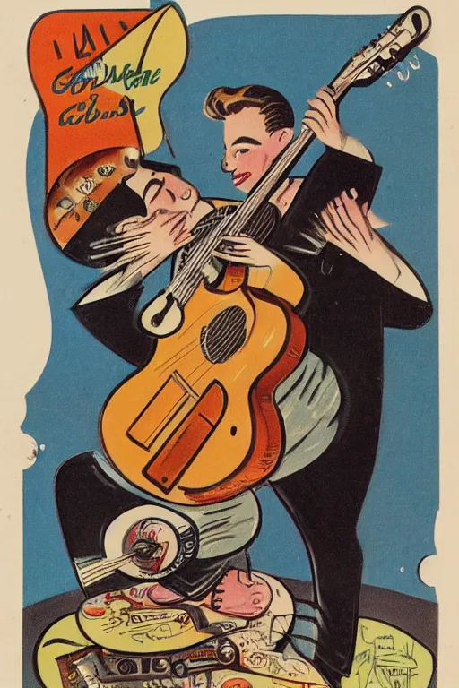 Image similar to guitar in the style of a 50s by Frank Hampson and mcbess, 1950s