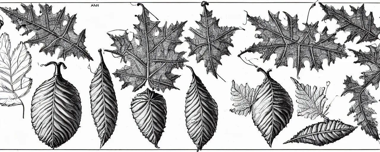 Image similar to a full page schematic diagram illustration of a vine leaf and an oak acorn, ultra detailed, 4 k, intricate, encyclopedia illustration, fine inking lines