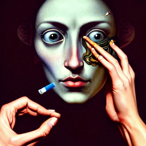 Prompt: Colour Caravaggio style Photography of Beautiful woman with highly detailed 1000 years old face wearing higly detailed sci-fi halo above head designed by Josan Gonzalez. Woman holding cigarette between fingers in her hand, Many details by Kidmograph . In style of Josan Gonzalez and Mike Winkelmann andgreg rutkowski and alphonse muchaand Caspar David Friedrich and Stephen Hickman and James Gurney and Hiromasa Ogura. volumetric natural light