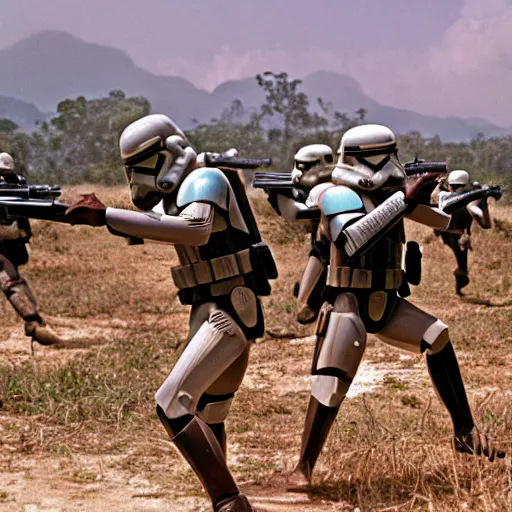 Image similar to star wars clone troopers combat soldiers in vietnam, photo, old picture, lush landscape, jungle, firearms, explosions, helicopters, aerial combat, active battle zone, flamethrower, air support, jedi, land mines, gunfire, violent, star destroyers, star wars lasers, sci - fi, jetpacks, agent orange, bomber planes, smoke, trench warfare