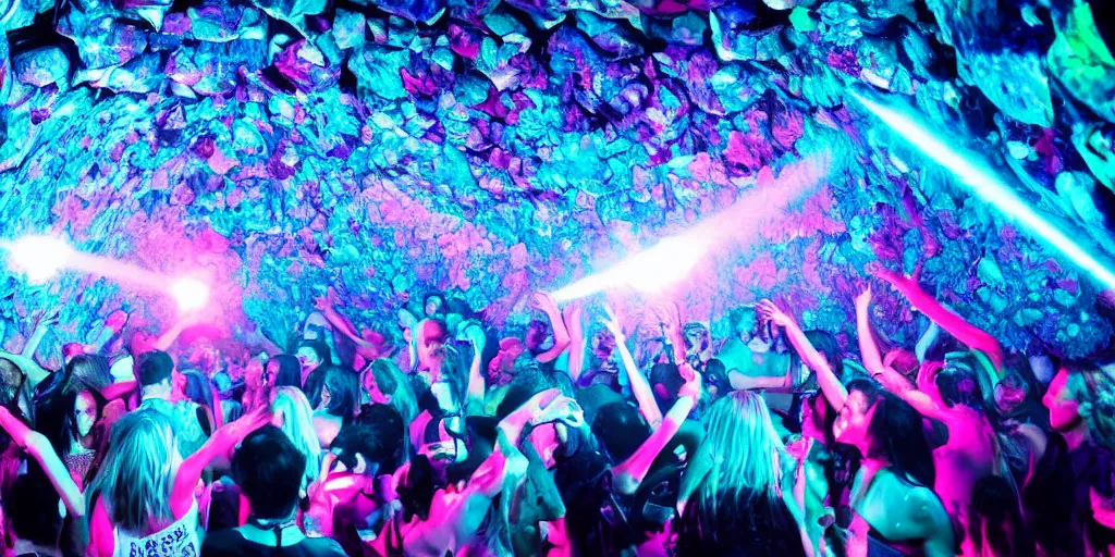 Image similar to cinematic shot of a goth disco nightclub in a cave, sphere of knives made of pink lasers and blue crystals, people dancing, 8k photo, award winning, masterpiece