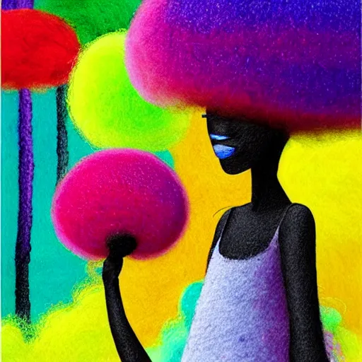 Image similar to a black girl with a colorful afro and rainbow eyes, in a candy forest! at night, bokeh, bright colours, watercolor, volumetric wool felting, macro photography, children illustration, by goro fujita