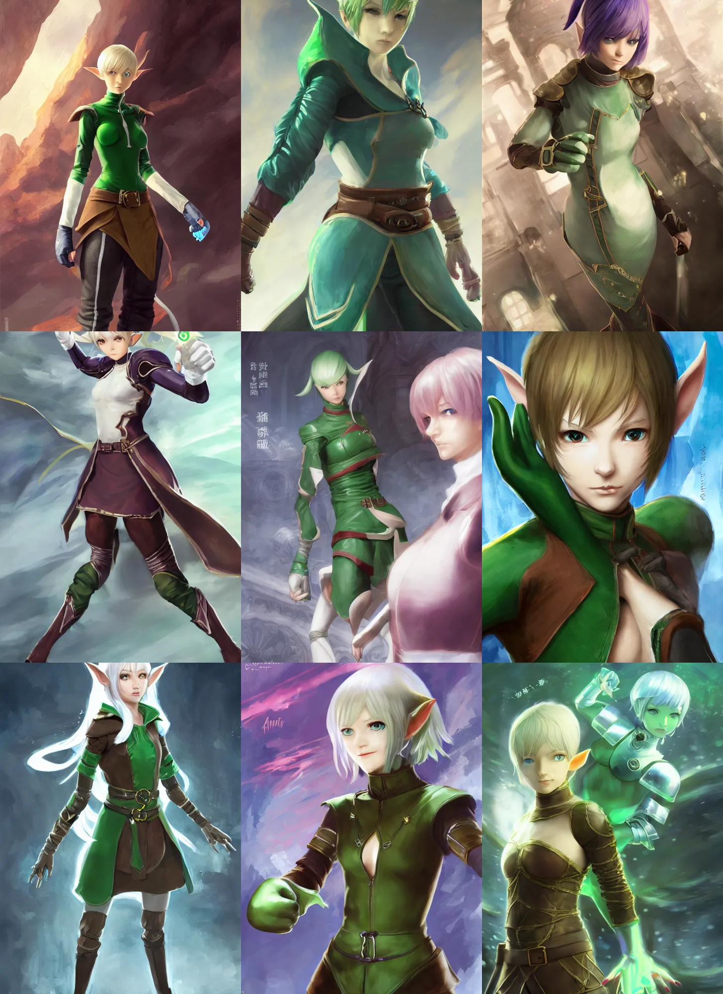 Prompt: character portrait of young female elf, fisting monk, thick robotic punching gloves, blue skintight closed longcoat, brown bob haircut, green eyes, white skin, akihiko yoshida, james jean andrei riabovitchev marc _ simonetti, yoshitaka amano