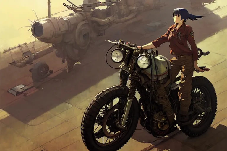 Prompt: dieselpunk, motorcycle, painted by greg rutkowski makoto shinkai takashi takeuchi studio ghibli, akihiko yoshida