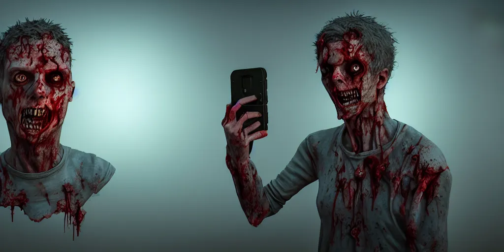 Image similar to selfie of the last person in the world, survived after zombie apocalypse, art book, 3d render, concept art, neon, highly detailed, 4k