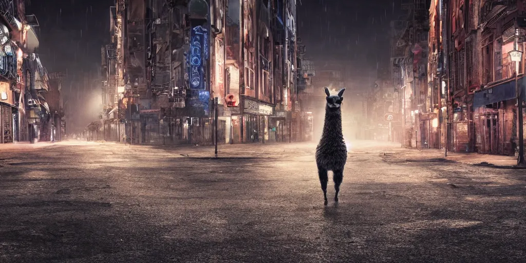 Image similar to a llama walking through a desolate city street at night, realistic 4 k octane beautifully detailed render, 4 k post - processing, highly detailed, intricate complexity, epic composition, magical atmosphere, cinematic lighting, masterpiece, ultra hd