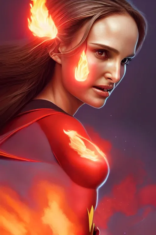 Image similar to hyper - realistic, gorgeous!!! woman resembling natalie portman as a superhero with fire powers, flying over a city | intricate, highly detailed, digital painting, artstaion, smooth, sharp focus, character desgin, concept art, illustration | art by artgerm & jeehyung lee & wlop