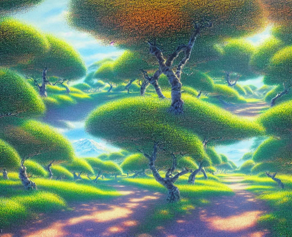 Image similar to a landscape pastel in the style of noriyoshi ohrai, mark tedin and bob ross of an orchard where all the trees are made of chrome metal. a path leads through th eorchard key art. 4 k retrofuturistic fantasy