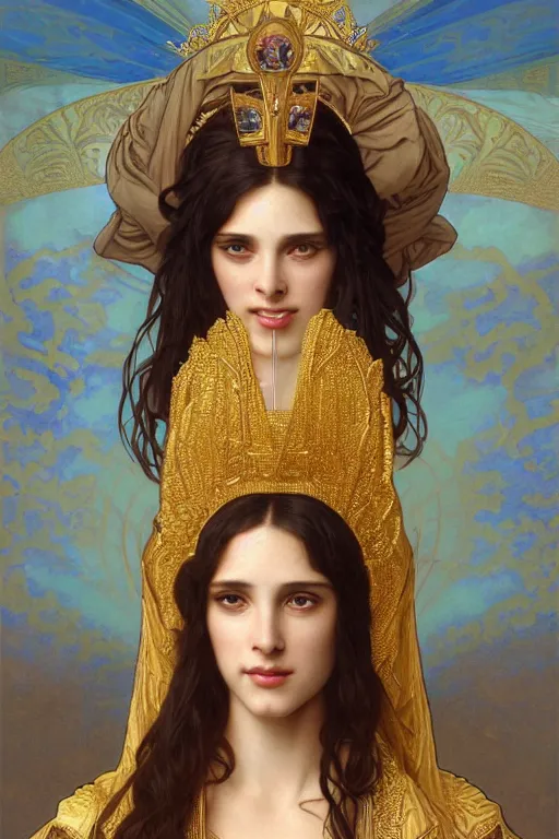 Image similar to Portrait of historically accurate, biblical, sneering, young, wicked, terrible, evil, pagan, beautiful, queen jezebel of ancient Israel, wearing gilded robes, long hair, intricate, elegant, highly detailed, masterpiece, illustration, art by artgerm and greg rutkowski and alphonse mucha and Wayne Barlowe and william-adolphe bouguereau, highly detailed, trending on artstation, award winning