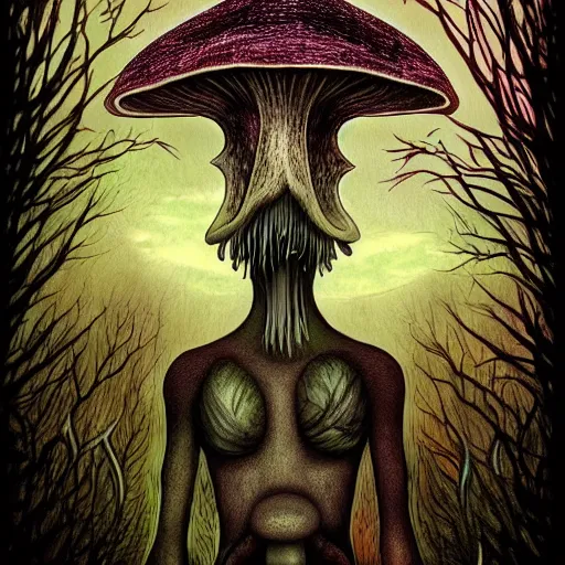 Image similar to the dark and ominous mushroom spirit tribe that wants you to bite off your own tongue so they can keep it for themselves, in a psychedelic darkfantasy style by amanda sage and anton semenov