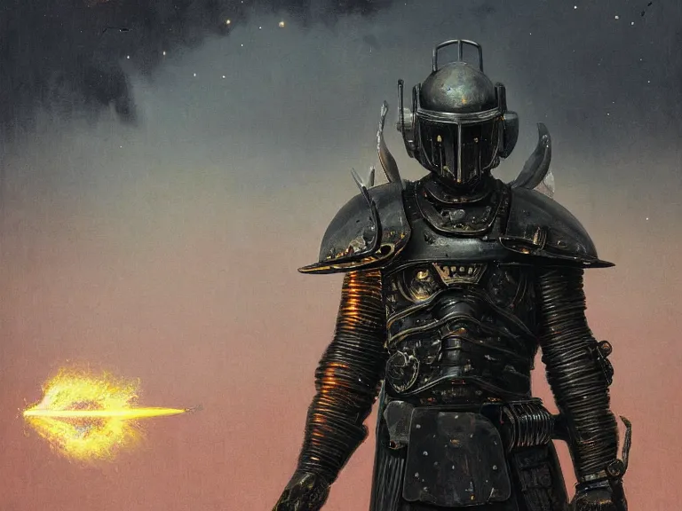 Prompt: a detailed profile painting of a bounty hunter in black knight armour and visor sharpening a sword. cinematic sci-fi poster. Cloth and metal. Welding, fire, flames, samurai Flight suit, accurate anatomy portrait symmetrical and science fiction theme with lightning, aurora lighting clouds and stars. Clean and minimal design by beksinski carl spitzweg giger and tuomas korpi. baroque elements. baroque element. intricate artwork by caravaggio. Oil painting. Trending on artstation. 8k