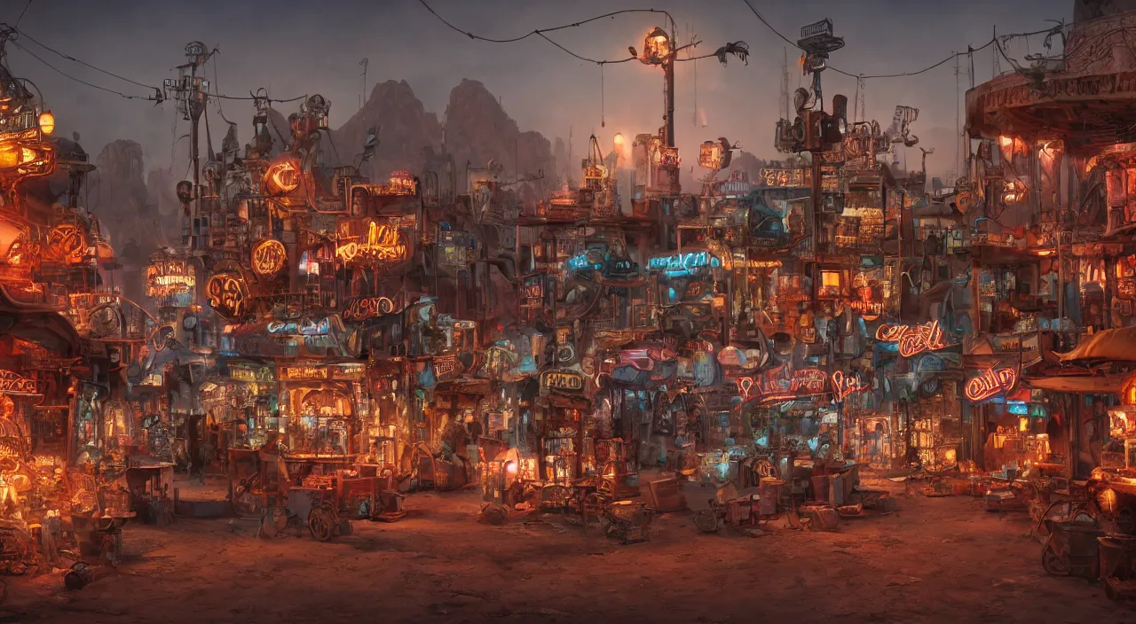 Image similar to a steampunk village in the desert, junk everywhere,neon lights, neon signs, magical atmosphere, mist, steam, photo realistic, 35mm, Matte painting, octane render, 8k, corona render, movie concept art by guido borelli da caluso