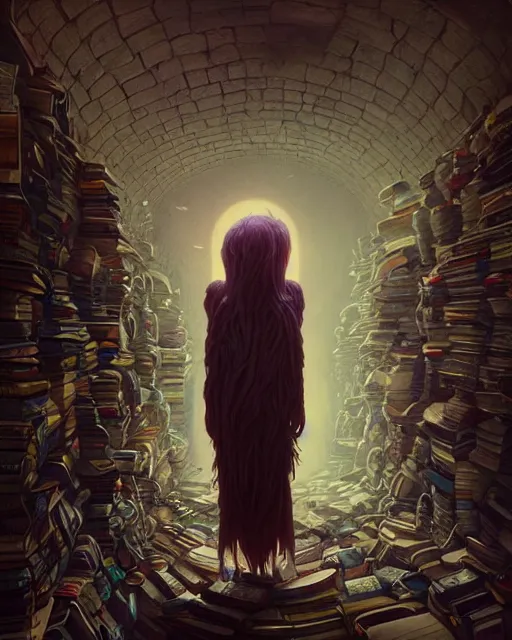 Image similar to highly detailed surreal vfx portrait of a creepy monster in a catacomb of books, stephen bliss, unreal engine, greg rutkowski, loish, rhads, beeple, makoto shinkai and lois van baarle, ilya kuvshinov, rossdraws, tom bagshaw, alphonse mucha, global illumination, detailed and intricate environment