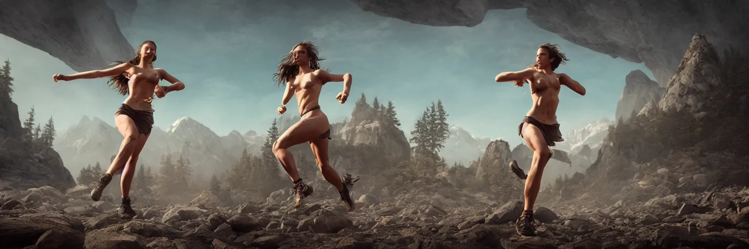 Prompt: epic fantasy portrait render of a running beautiful athletic girl body, no clothes, long hairs, dark woods, mountains, rocks, huge saturn with rings in the sky, highly detailed, cinematic, hyperrealism, artstation, dynamic lighting, octane render