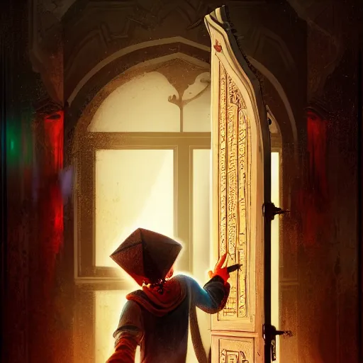 Prompt: hasan sabbah shows the light, behind the door, his student assasins, mystic room, hanging apple painting on the wall, hyper detailed, cinematic, soft lighting, epic, ultimate, sharp focus by concept art, awarded, wisdom, loyalty, 8 k hd resolution