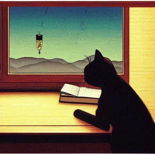 Image similar to An expressive painting by Hasui Kawase of a Japanese girl sat writing in a journal while wearing headphones illuminated by a desk lamp, in the background is a window overlooking a rainy night-time city, with a cat resting on the window cill, a relaxed and dreamy atmosphere, highly atmospheric with dynamic lighting, highly detailed, 8K