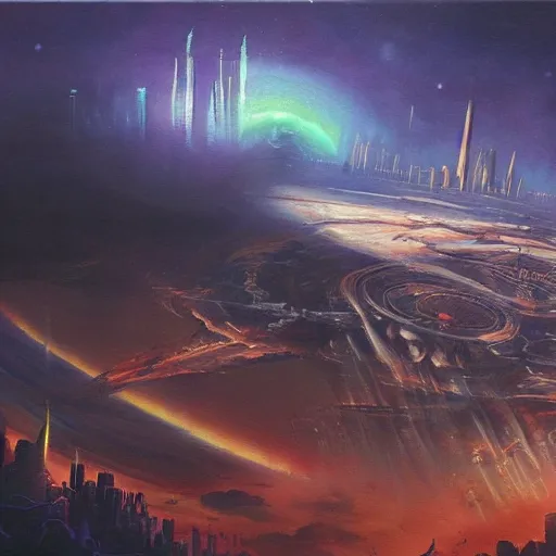 Prompt: A painting of the downfall of a futuristic city, ominous, futurustic, apocalypse, matte painting, oil painting, art, watercolour, astral, evil, hellish, aurora