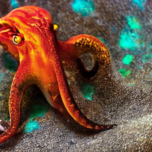 Prompt: fiery whimsical emotional eyes cephalopod, in a photorealistic macro photograph with shallow dof, in the deepest seas of the unconscious psyche