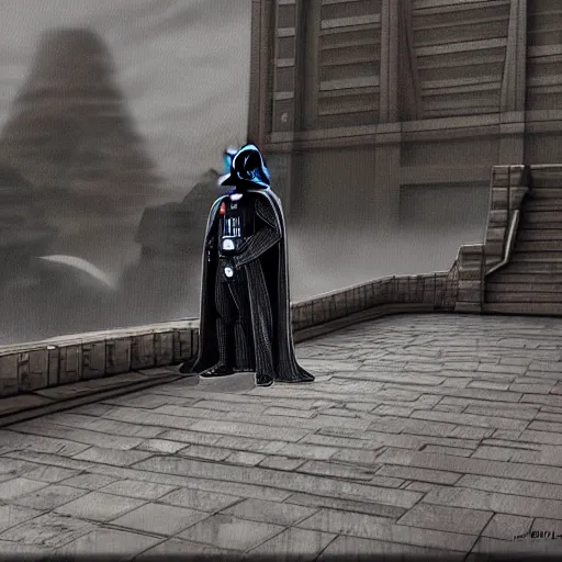 Image similar to lord vader at the steps of the jedi temple on coruscant, digital art