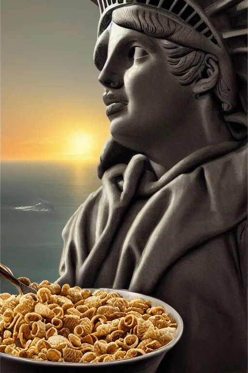 Image similar to The Statue of Liberty eating cereal, oil on canvas, intricate, portrait, 8k highly professionally detailed, HDR, CGsociety