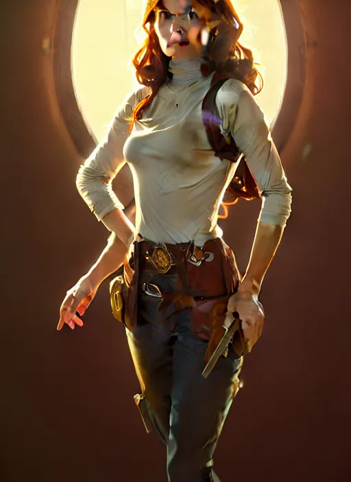 Image similar to portrait of a full body of beautiful young female detective, d & d, sleeveless turtleneck, fantasy, flat lighting, intricate, highly detailed, digital painting, artstation, concept art, smooth, sharp focus, illustration, art by simon bisley and greg rutkowski and alphonse mucha, natural tpose