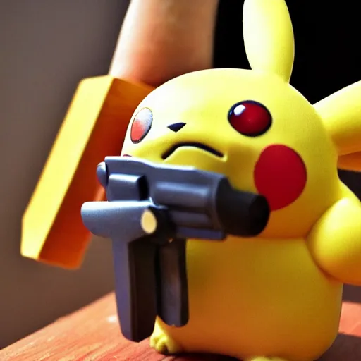 Image similar to pikachu holding a gun, clay sculpture, 33mm, high res photo