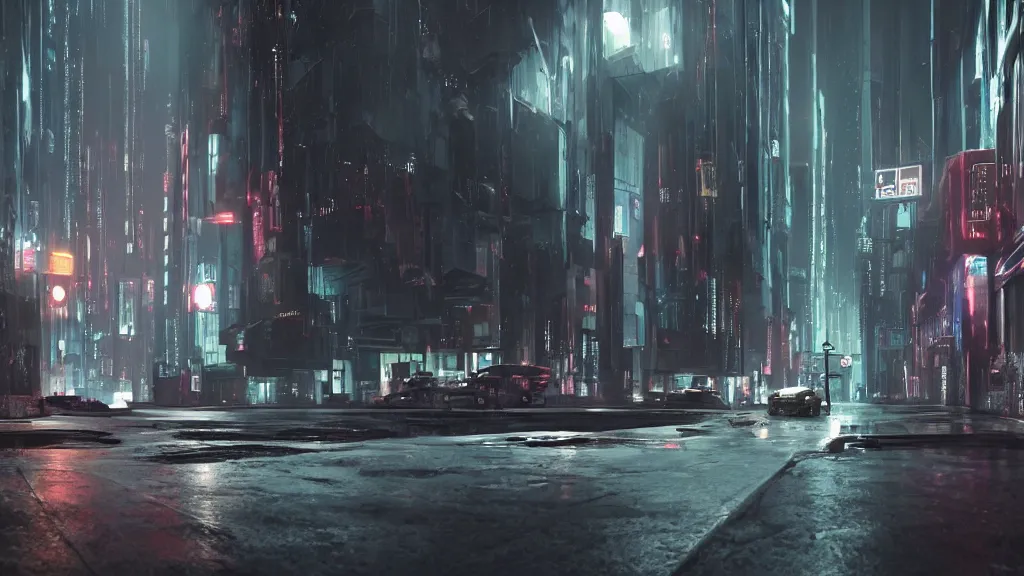 Prompt: an eerie scene of the empty streets of a futuristic alien city at night, light rain, small puddles, high quality ray-traced reflections, volumetric lighting, unreal engine 5, liminal space, haunting chilling atmosphere, photorealistic, cyberpunk, hyperdetailed 3d matte painting, hyperrealism, hyperrealistic, cinematic masterpiece, horror style 8k ultrahd octane render