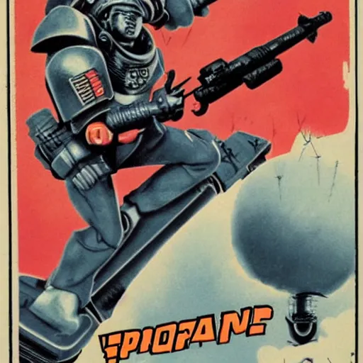 Prompt: pin-up art of a space marine rying a nuclear bomb