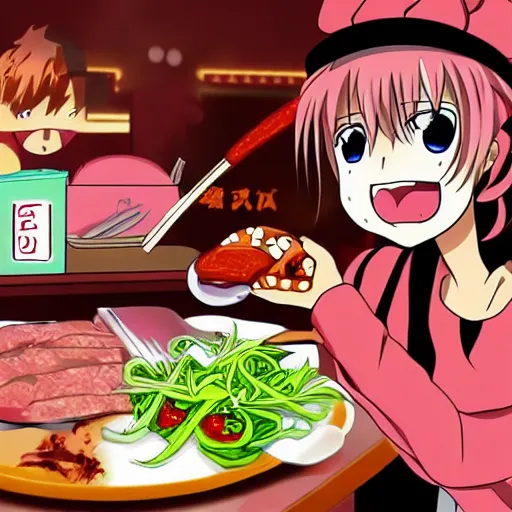 Image similar to anime human meat restaurant, horror, nightmare, cook, food, cooking