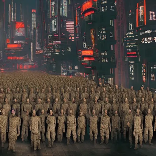 Image similar to award-winning cinematic still of an army of human clones with their faces visible, highly-detailed, establishing shot, cyberpunk style