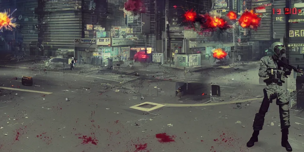 Prompt: 1991 Video Game Screenshot, Anime Neo-tokyo Cyborg bank robbers vs police, Set in Bank Vault Room, bags of money, Multiplayer set-piece, Police officers hit by bullets, Bullet Holes and Blood Splatter, Hostages, Smoke Grenades, Large Caliber Sniper Fire, Chaos, Cyberpunk, Money, Anime Bullet VFX, Machine Gun Fire, Violent Gun Action, Shootout, Highly Detailed, 8k :4 by Katsuhiro Otomo + Studio Gainax : 8