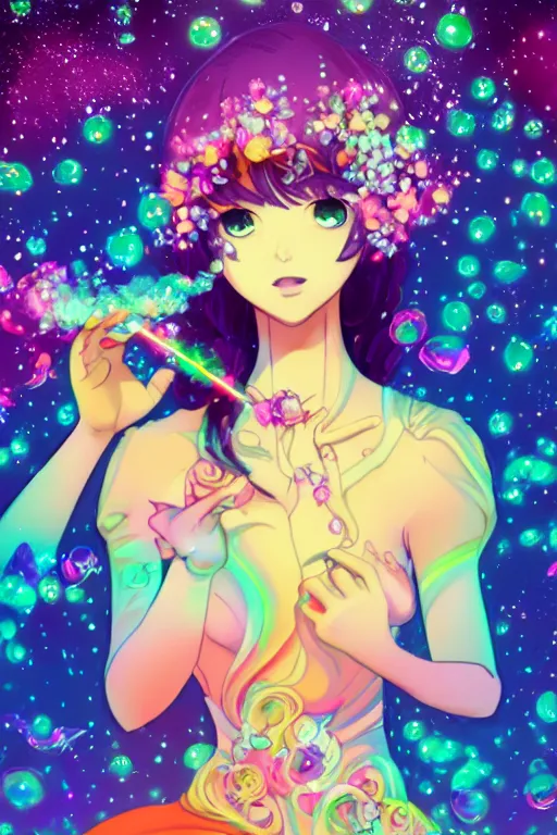 Image similar to psychedelic, whimsical, anime, 4k, beautiful intimate woman blowing smoke, with professional makeup, long trippy hair, a crystal and flower dress, sitting in a reflective pool, surrounded by gems, underneath the stars, rainbow fireflies, trending on patreon, deviantart, twitter, artstation, volumetric lighting, heavy contrast, art style of Ross Tran and Ilya Kuvshinov