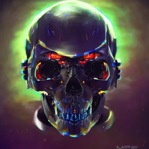Image similar to mecha skull ronin, 8k, digital painting, futuristic, hyperdetailed, black neon lights, trending on CG society