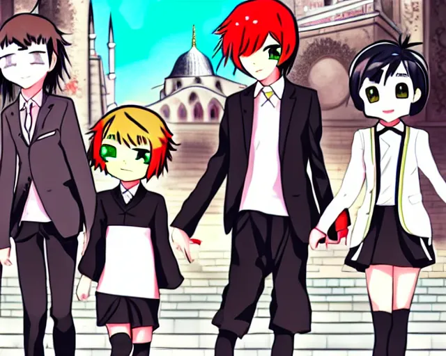 Image similar to chihiro! fujisaki, felix! argyle, chihiro! meets felix, chihiro and felix are walking through instanbul, anime art