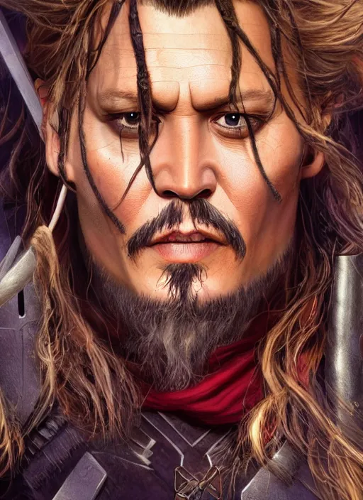 Image similar to johnny depp as thor, naturel, hyper detailed, digital art, trending in artstation, cinematic lighting, studio quality, smooth render, unreal engine 5 rendered, octane rendered, art style by klimt and nixeu and ian sprigger and wlop and krenz cushart