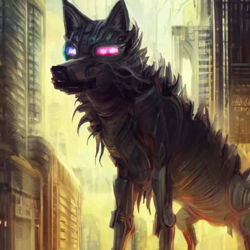 Prompt: Transformer hybrid of bus and wolf, having cabin if form of wolf head with big yellow eyes looking at us and long body of bus with wheels and windows, mechanical form of life, oil on canvas, fantasy, magic, illusion, digital painting, concept art, smooth, sharp focus, illustration, artstation trending, octane render, unreal engine, Ghibli, anime style, cyberpunk