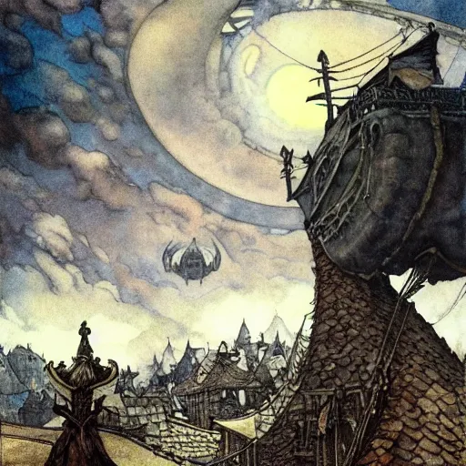 Prompt: Fantasy village, the inhabitant looking up at the sky. The sky is completely covered to the horizon by an incredibly huge airship-like ship. Extremely high detail, realistic, dark fantasy art, masterpiece, 8k, octane rendering, Arthur Rackham painting, art by Victoria Frances, Frank Frazetta.