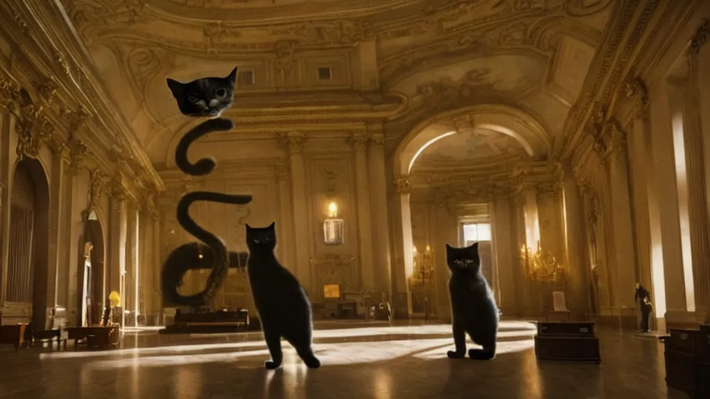 Image similar to the giant cat in city hall, film still from the movie directed by denis villeneuve and david cronenberg with art direction by salvador dali, wide lens