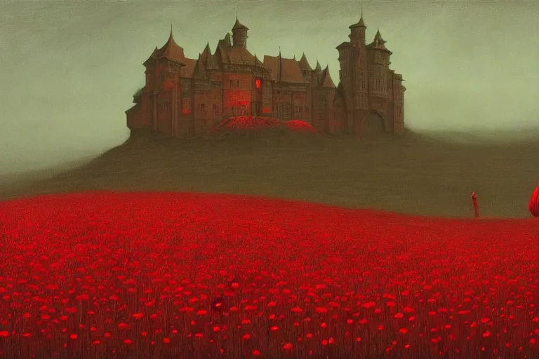 Image similar to only with red, red flowers, a crimson tiger, a castle in the background, medieval demons, an ancient path in the style of beksinski, part by hopper, part by rodcenko, part by hofbauer, intricate composition, red by caravaggio, insanely quality, highly detailed, masterpiece, red light, artstation