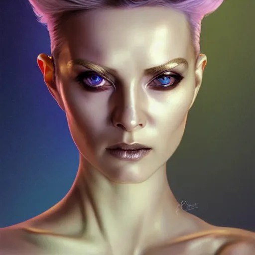 Prompt: futuristic woman android portrait, sci-fi female, striking azure eyes, face, short platinum hair, cyberpunk femme fatale, intricate, elegant lady with alabaster skin, highly detailed gold filigree, digital painting, artstation, concept art, smooth, sharp focus, illustration, studio photo by artgerm and greg rutkowski and alphonse mucha:3, overexposed, dark, gray, monochrome:-1