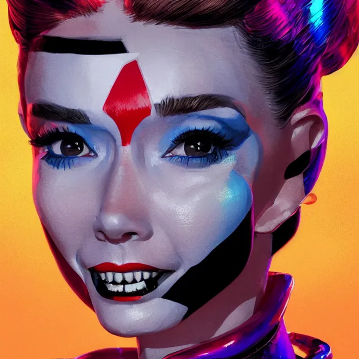 Image similar to portrait of Audrey Hepburn as a harley quinn. intricate abstract. intricate artwork. by Tooth Wu, wlop, beeple, dan mumford. octane render, trending on artstation, greg rutkowski very coherent symmetrical artwork. cinematic, hyper realism, high detail, octane render, 8k, iridescent accents