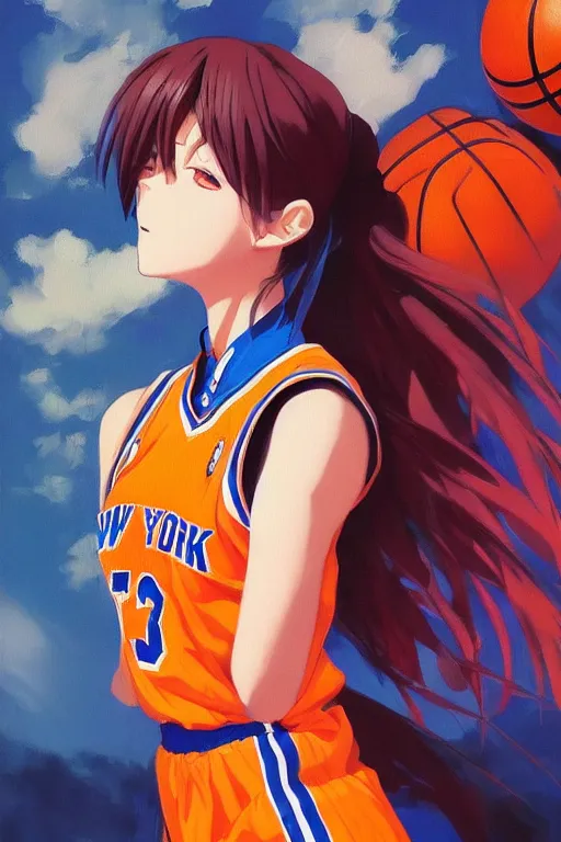 Image similar to A ultradetailed beautiful panting of a stylish anime girl, she is wearing a New York Knicks basketball jersey, Oil painting, by Ilya Kuvshinov, Greg Rutkowski and Makoto Shinkai