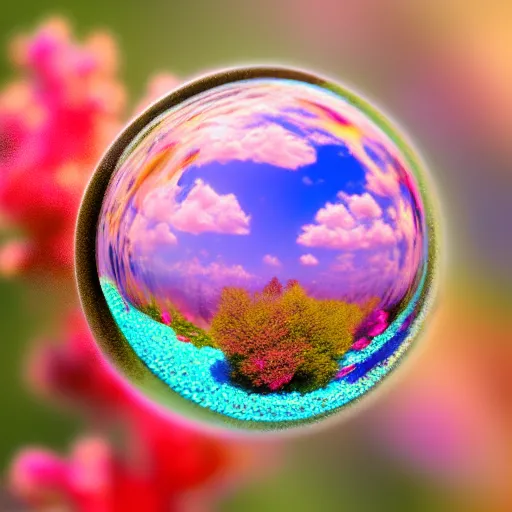 Image similar to macro photo bright day of a tiny sphere containing alternate reality world placed on the ground gobi desert in background dreamy swirling colors