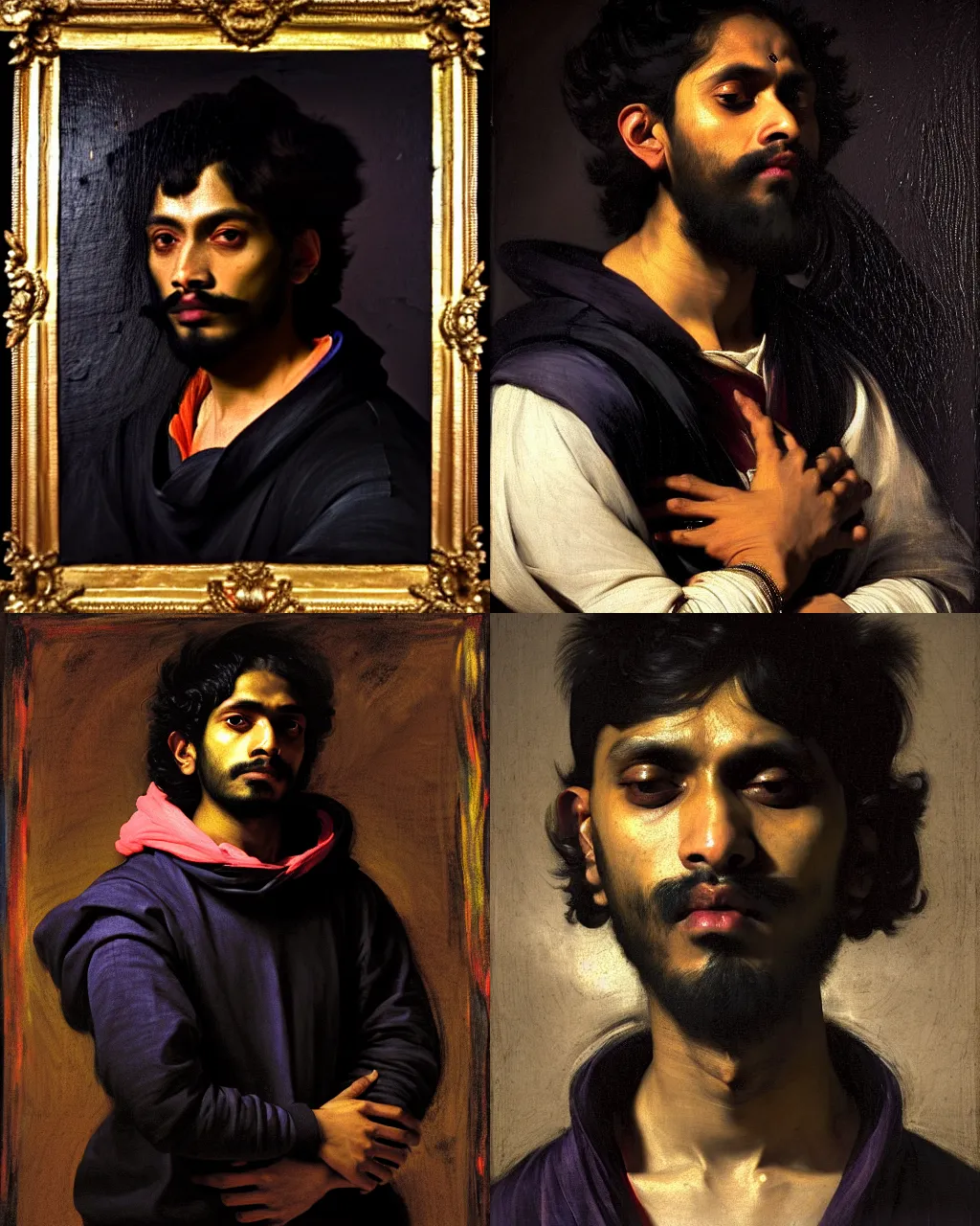 Prompt: a beautiful dramatic portrait of a spaced out indian stoner 2 5 years old boy wearing black hoodie, by anthony van dyck, by caravaggio, by greg rutkowski, trending on artstation, oil on canvas, rococo color scheme, dark background, masterpiece, cinematic composition, red green blue purple pink lights, hyper - detailed, sharp, no frames, 8 k