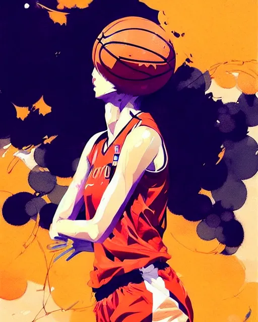 Image similar to a ultradetailed beautiful panting of a woman playing basketball, by conrad roset, greg rutkowski and makoto shinkai, trending on artstation